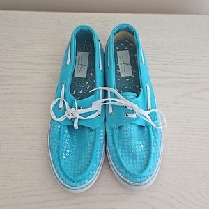 Blue Fin Teal Sequin Moccasin Flats Boat Shoes